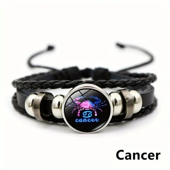 Cancer Zodiac Bracelet Handwoven Wax Rope‎ and Leather Unisex - Picture 1 of 5